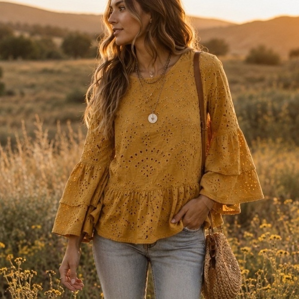 Shannon Ford Eyelet Peplum Top Size S Bell Sleeve Boho cottagecore Western
